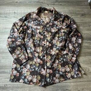 Shaker Sport Button‎ Up Top Womens XL Multi Color Floral Metallic Vintage Blouse